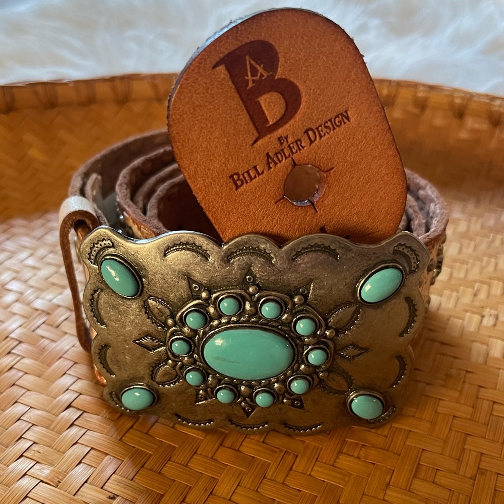 Bill Adler Design Leather Belt with Turquoise Buckle